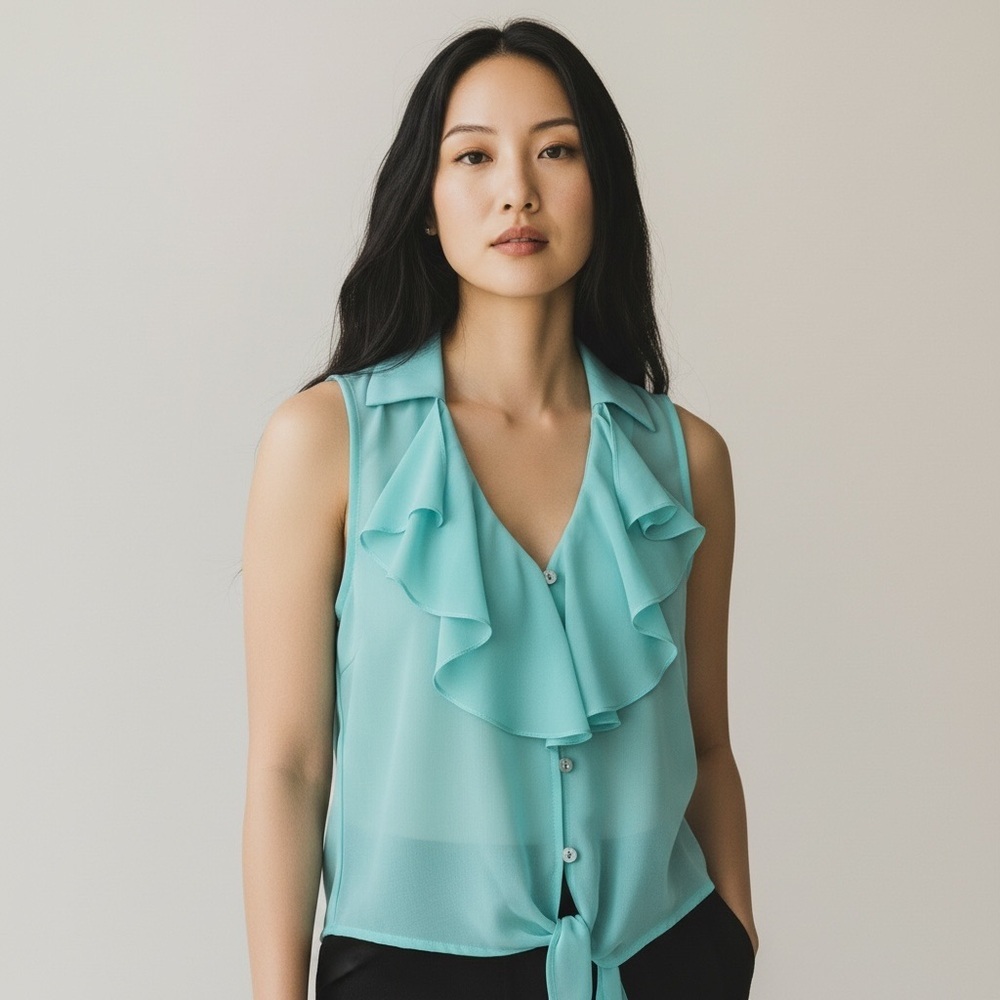 Iris Los Angeles Aqua blue Top Sheer Sleeveless Lace Knot Tie Large - Picture 3 of 11